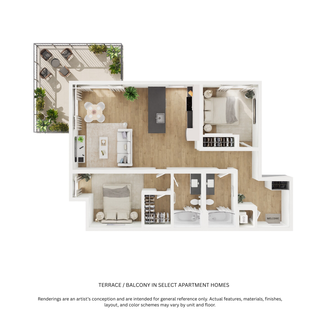 Floor plan for 2 beds, 2 baths, 1051 sqft